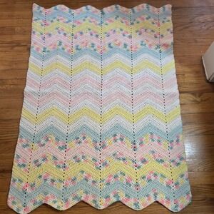 Vintage Handmade Knit Baby Blanket 44"x32" Unisex Green Pink Yellow White
